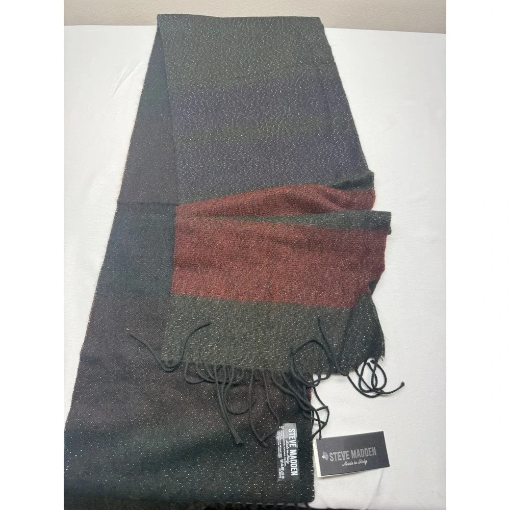 Steve Madden Made in Italy Red Navy Green Metallic Shimmer Striped Fringed Scarf